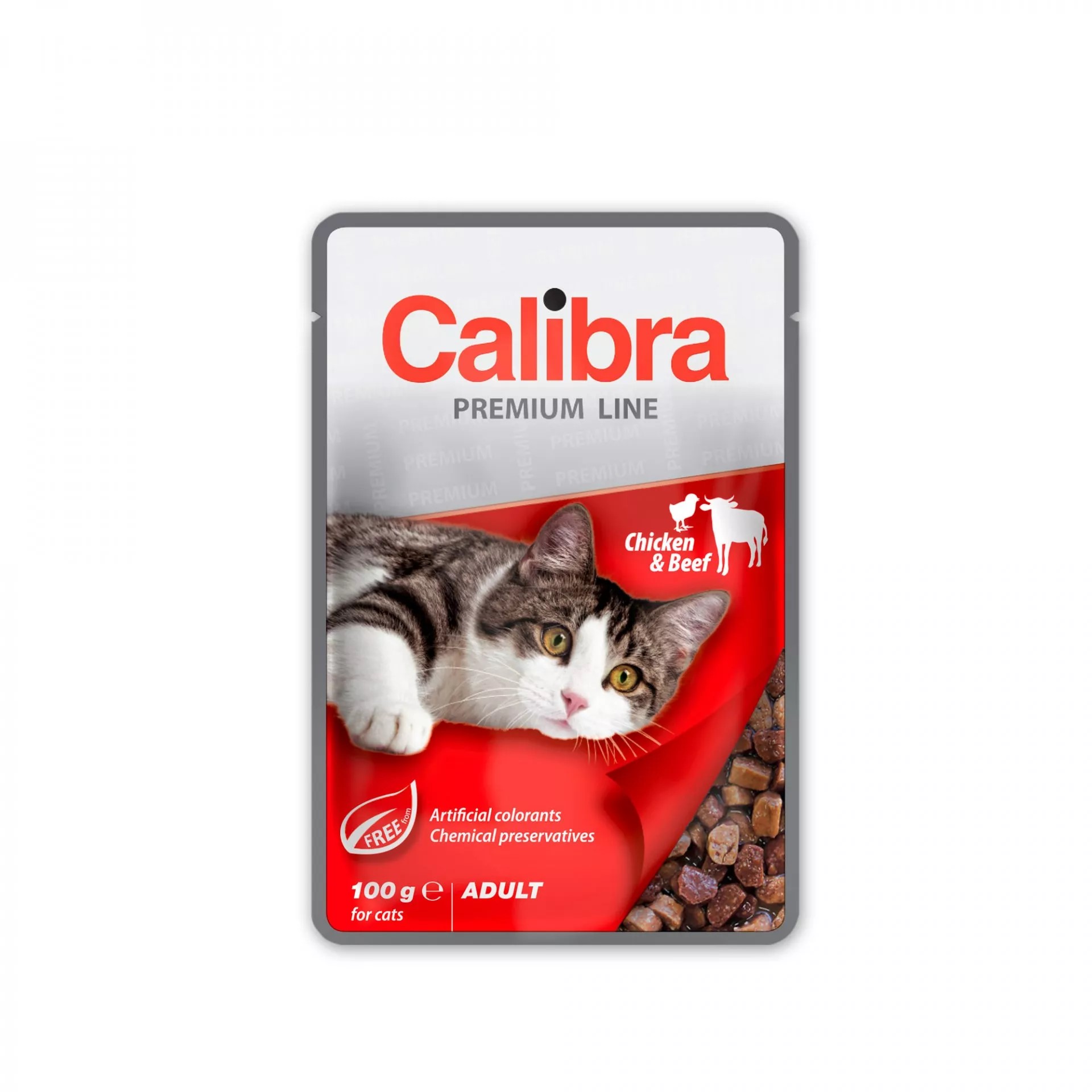 Calibra מזון פרימיום לחתולים עם עוף ובקר ברוטב, פאוצ' 100 גרם (24 יח')