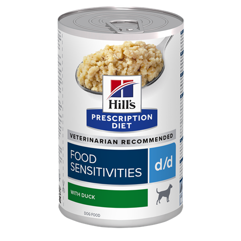 שימורי d/d | Hill's Prescription Diet רגישות למזון לכלב, 370 גר (עם ברווז ואורז)
