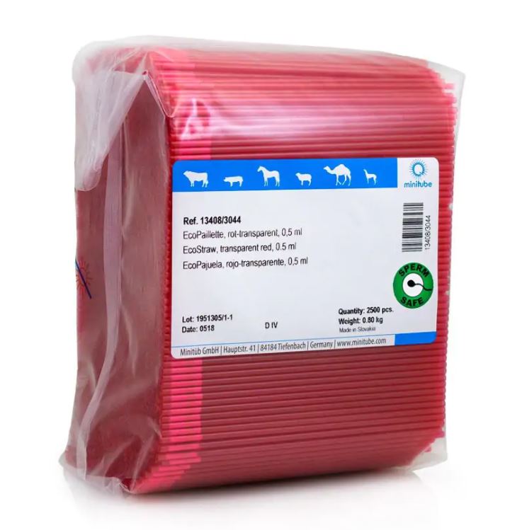 EcoStraw קשיות 0.5 מ"ל להקפאת זרע, אדום שקוף, 2500 יחידות