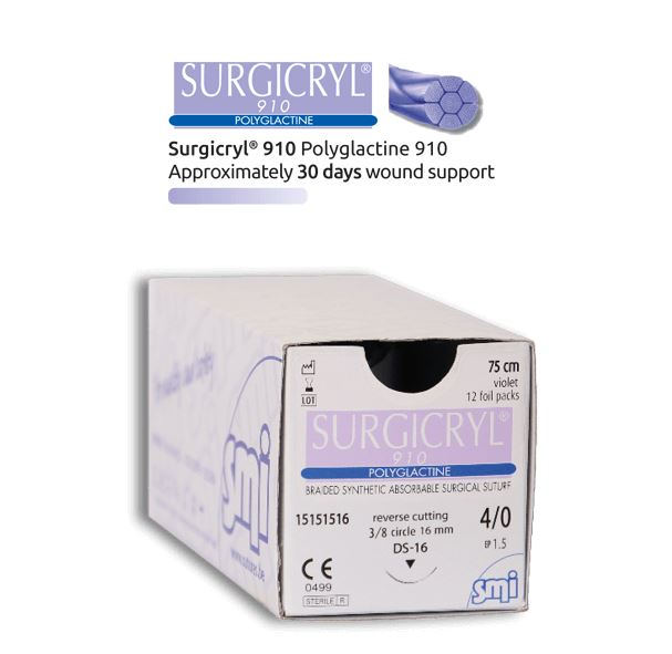 חוט ויקריל + מחט 0 רברס חותכת DS-30 סורג'יקריל 910 פוליגלקטין פוליפילמנט SMI