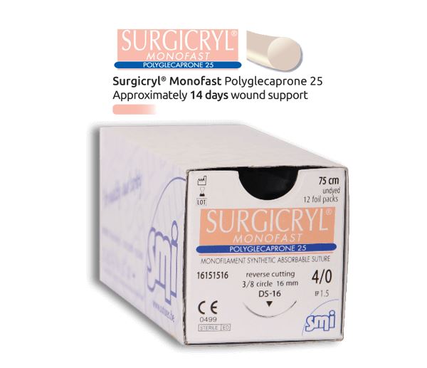 חוט מונורפיד+מחט רברס חותכת DS16 4/0 (עם צבע) סורג'יקריל מונופאסט פוליגלקפרון