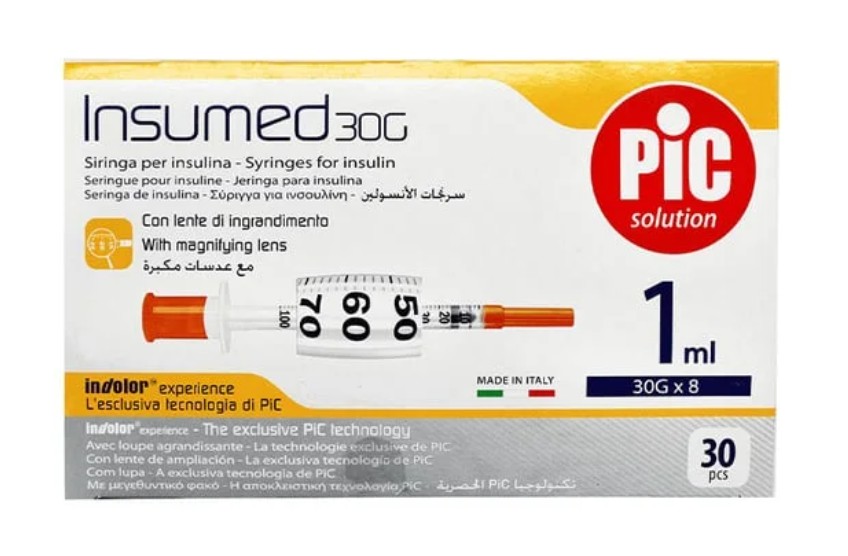 מזרק אינסולין 1 מ"ל + מחט (30 יחידות) גודל 30G*8MM חברת PIC