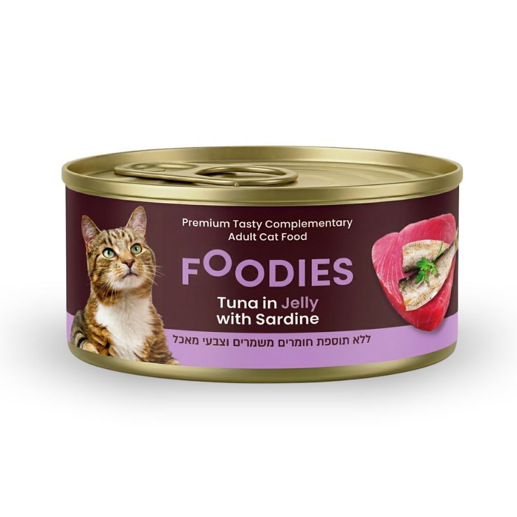 שימורי פודיס Foodies טונה בג'לי עם סרדינים. מזון משלים לחתולים בוגרים, 80 גרם